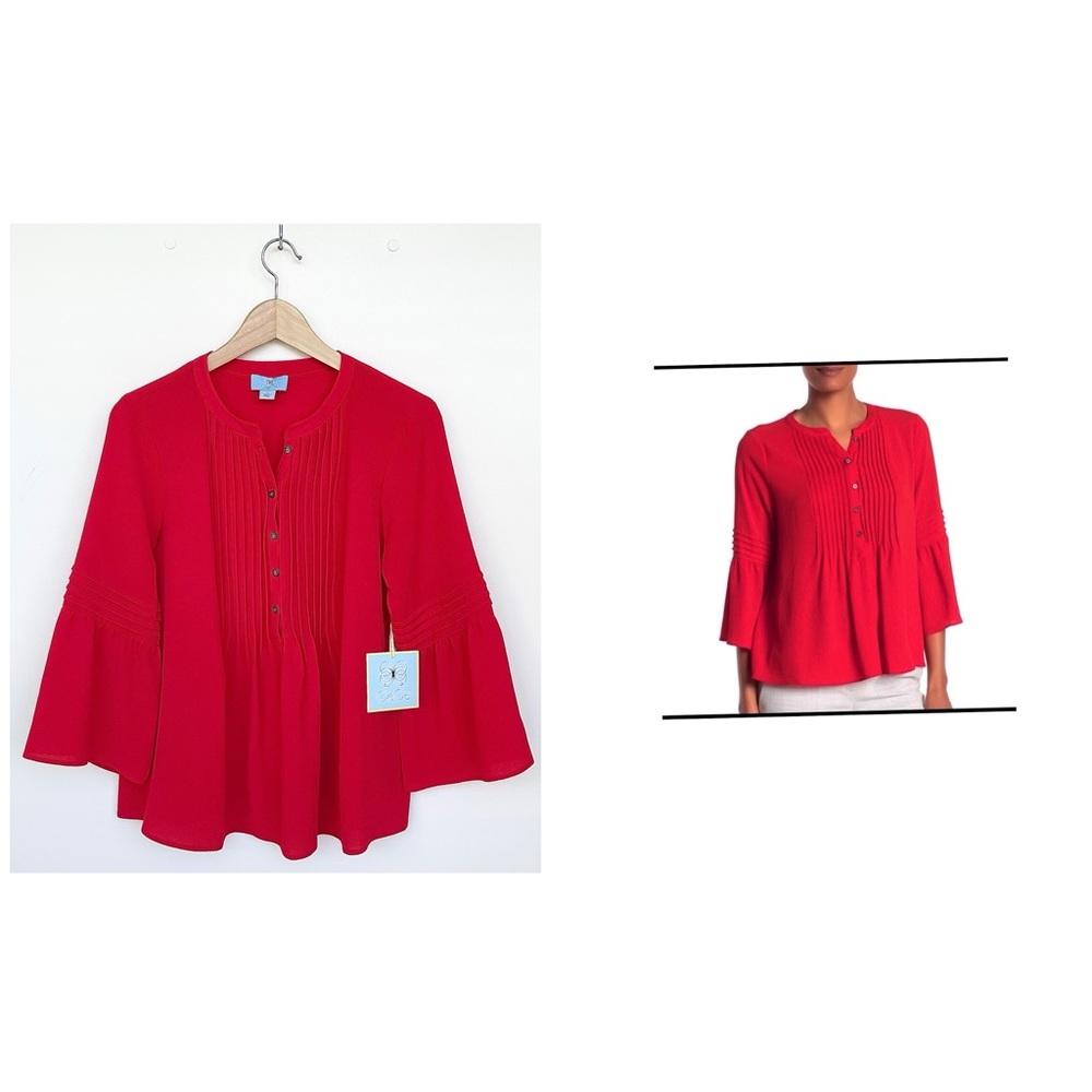 CeCe Crepe Pintuck Blouse 3/4 Bell Sleeve Popover Style Round Neck